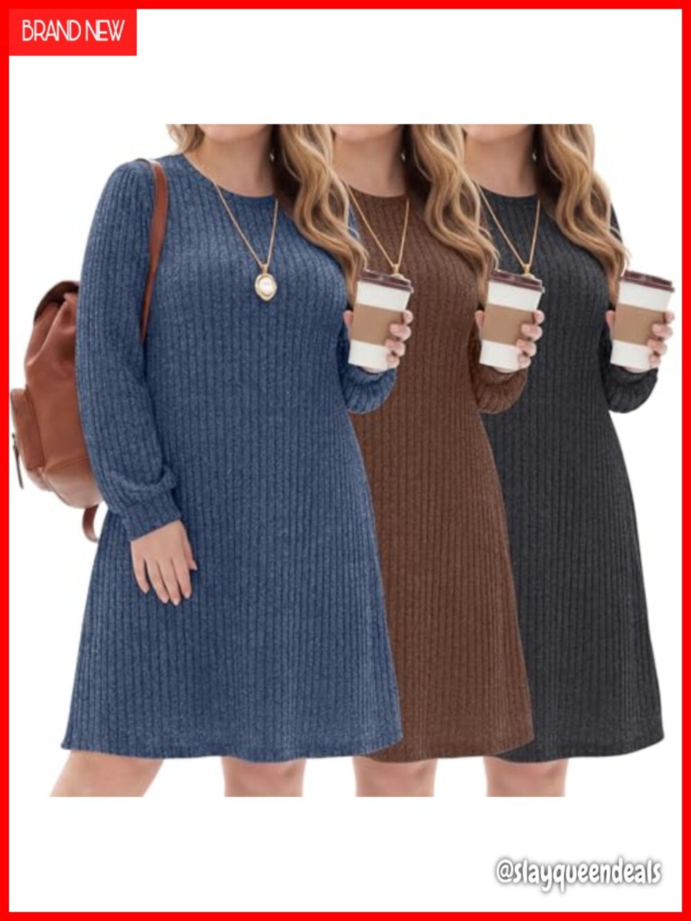 3-Pack Women's Plus Size Long Sleeve Sweater Dress A-Line Knee Length